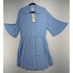 Perfectly Palm Women's Blue Button Down Shirt Dress with Drawstring Waist Size M